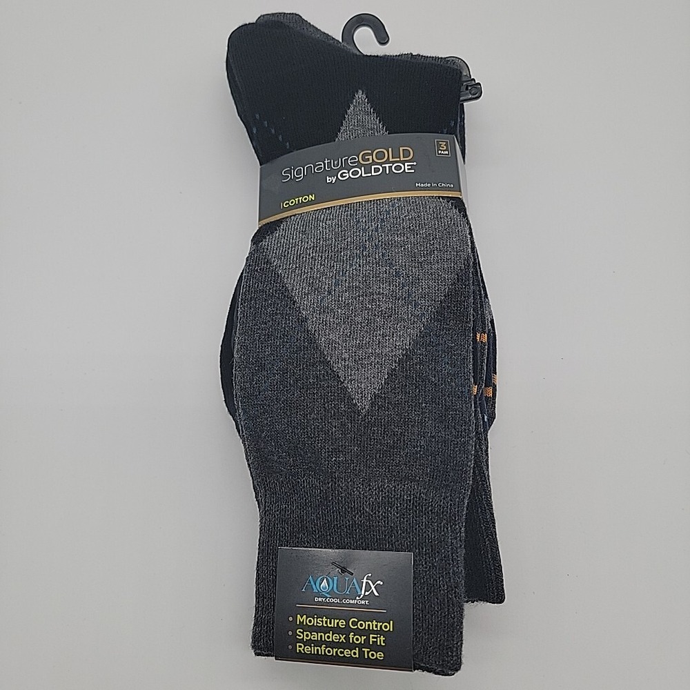 3 Pairs Men's Socks Signature Gold by GOLDTOE Argyle Grey Black Diamond Cotton